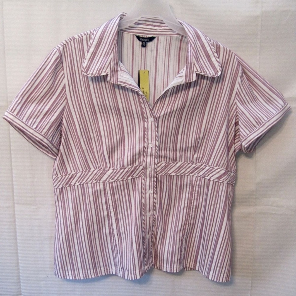 NWT Reitmans Short Sleeve Purple White Stripe Top Button Down Blouse XL